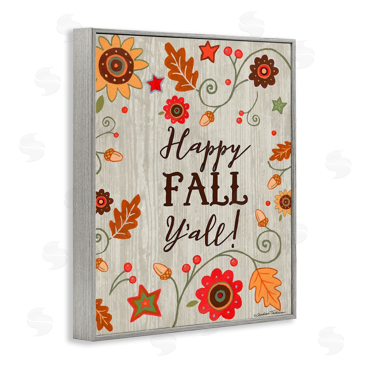 Andrea Tachiera Happy Fall Y'all Phrase Autumn County Border Gray Framed Giclee Wall Art