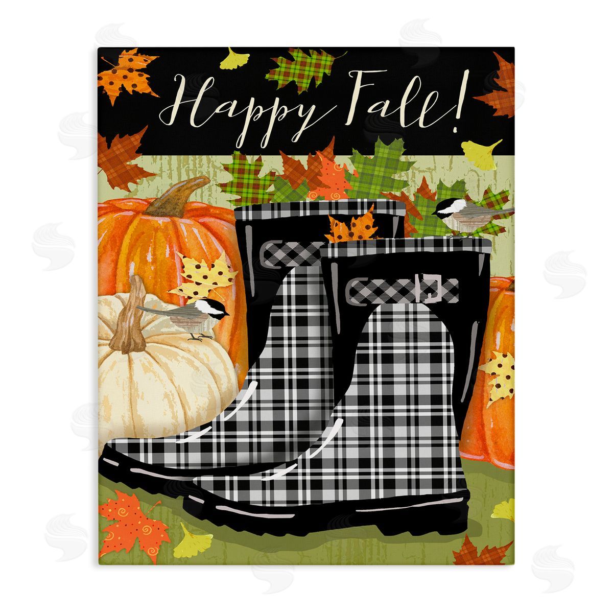 Andrea Tachiera Happy Fall Phrase Black Rainboots and Pumpkins Canvas Wall Art