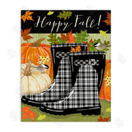 Andrea Tachiera | Happy Fall Phrase Black Rainboots and Pumpkins