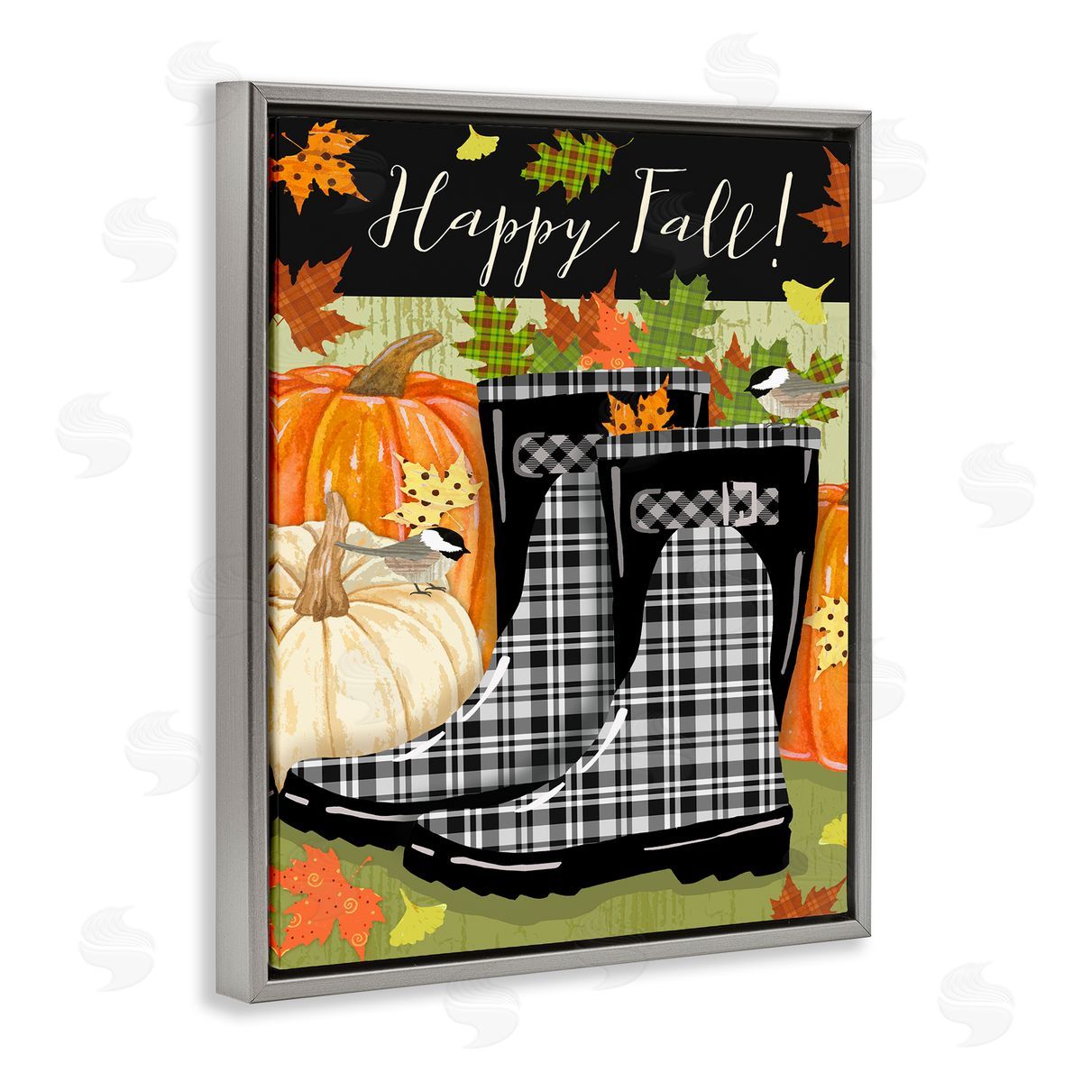 Andrea Tachiera Happy Fall Phrase Black Rainboots and Pumpkins Gray Floater Frame Canvas Art
