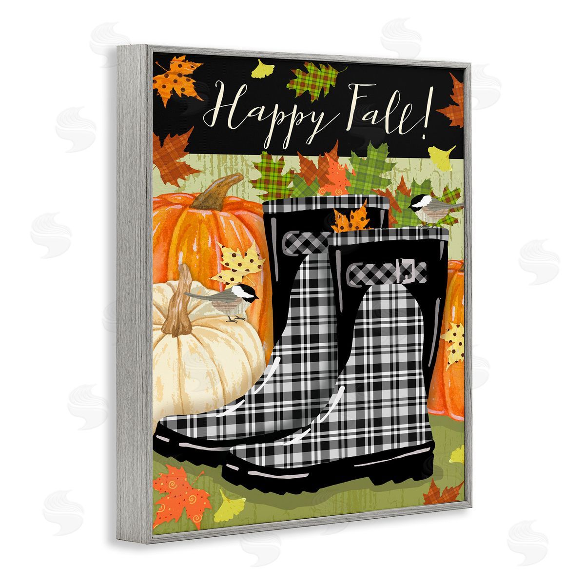 Andrea Tachiera Happy Fall Phrase Black Rainboots and Pumpkins Gray Framed Giclee Wall Art