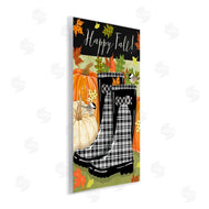 Andrea Tachiera | Happy Fall Phrase Black Rainboots and Pumpkins