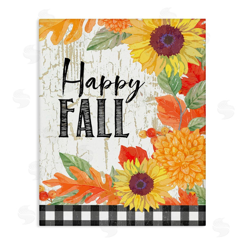 Andrea Tachiera | Happy Fall Phrase Checkered Plaid Sunflower Floral