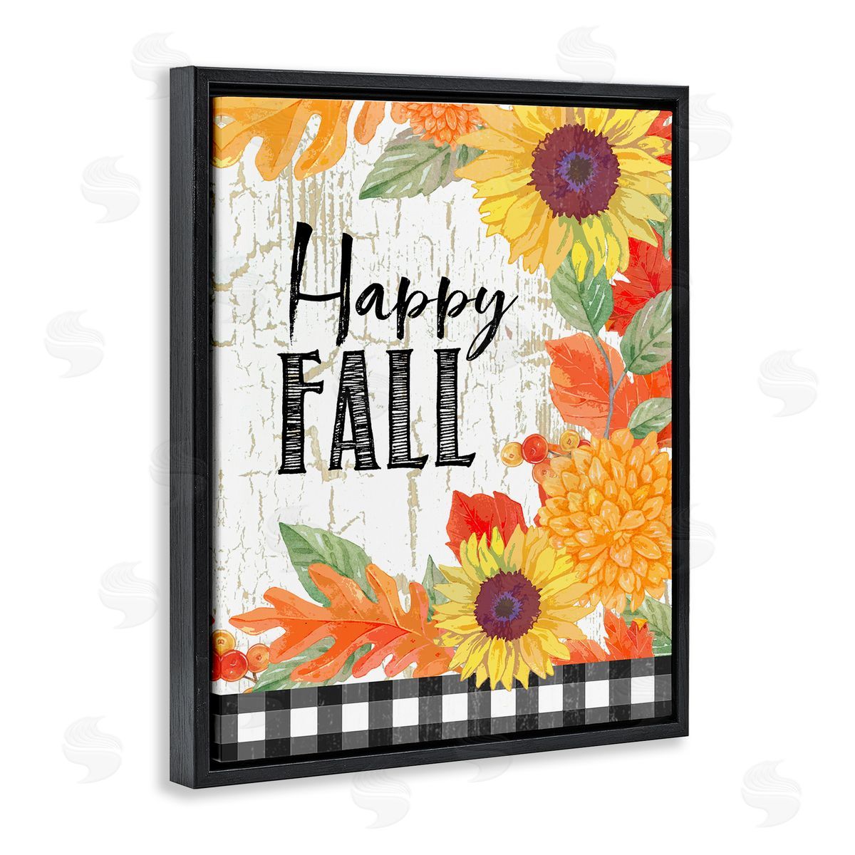Andrea Tachiera Happy Fall Phrase Checkered Plaid Sunflower Floral Black Floater Frame Canvas Art