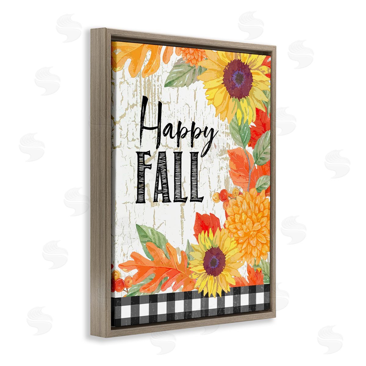 Andrea Tachiera Happy Fall Phrase Checkered Plaid Sunflower Floral Brown Floater Frame Canvas Art