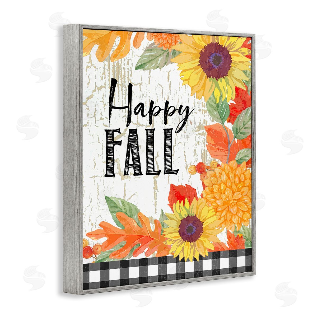 Andrea Tachiera Happy Fall Phrase Checkered Plaid Sunflower Floral Gray Framed Giclee Wall Art