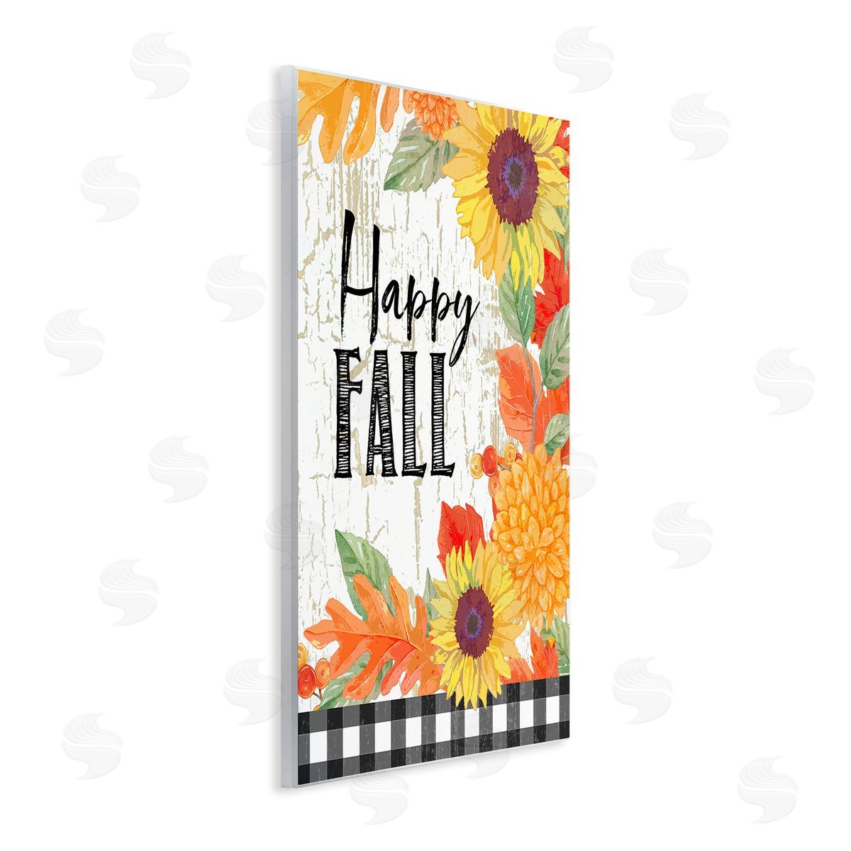 Andrea Tachiera Happy Fall Phrase Checkered Plaid Sunflower Floral Wall Plaque Art