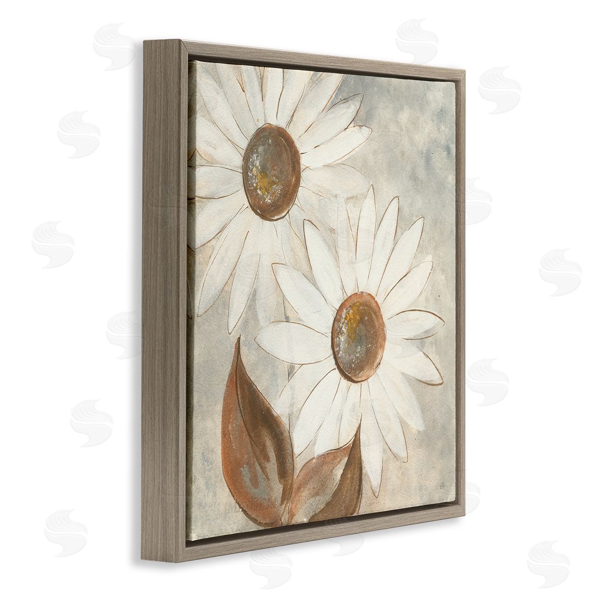 Chris Paschke White Neutral Daisy Florals Vintage Charm Brown Floater Frame Canvas Art