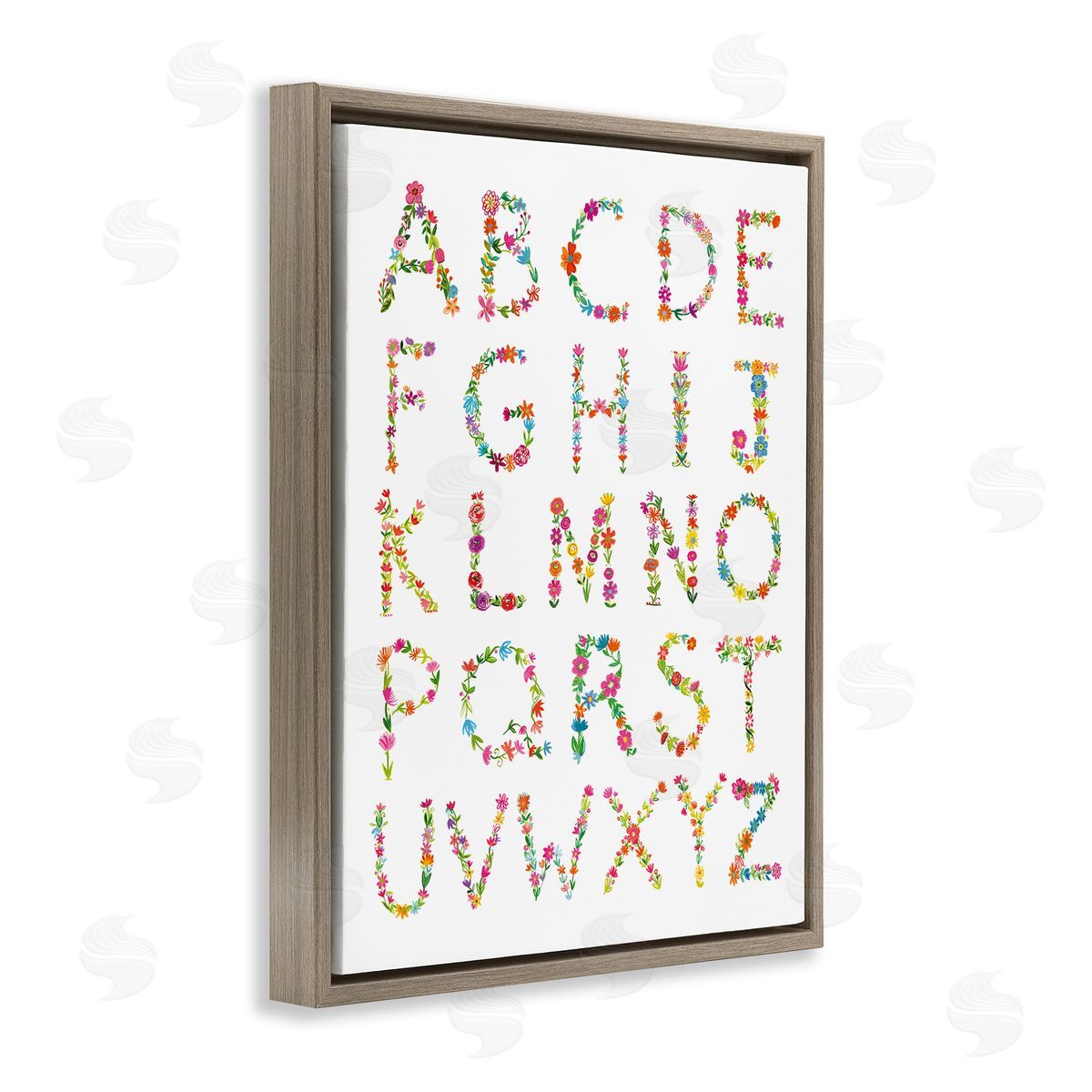 Farida Zaman Floral Pattern Alphabet Soft Chic Typography Brown Floater Frame Canvas Art