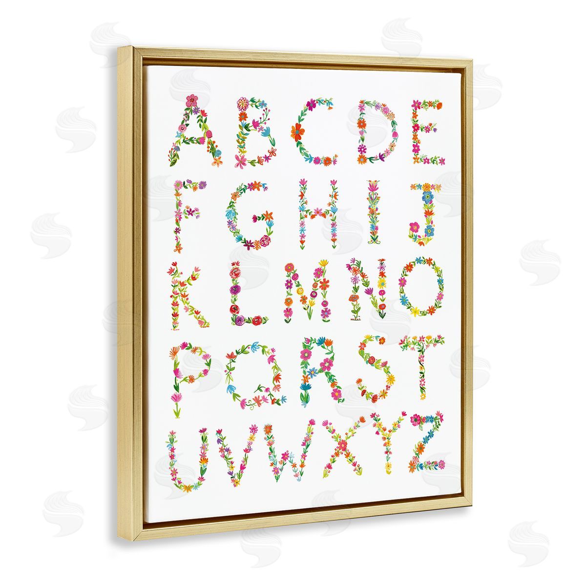 Farida Zaman Floral Pattern Alphabet Soft Chic Typography Gold Floater Frame Canvas Art
