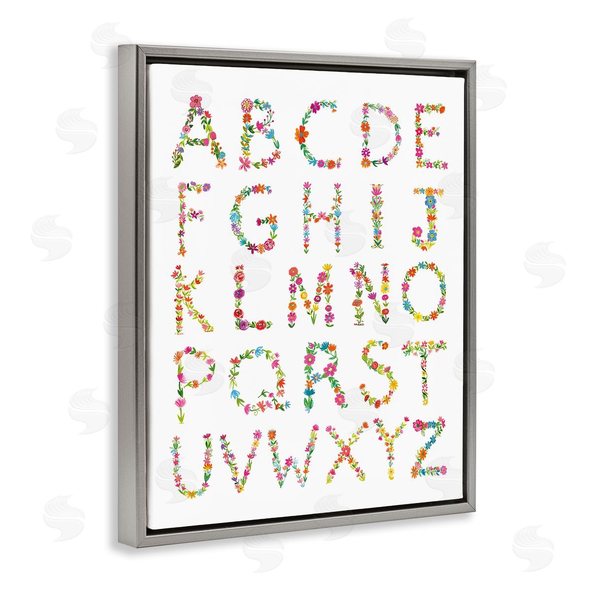 Farida Zaman Floral Pattern Alphabet Soft Chic Typography Gray Floater Frame Canvas Art