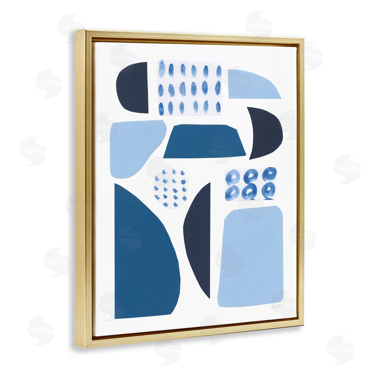 Courtney Prahl Shades of Blue Abstract Shapes Collage Design Gold Floater Frame Canvas Art