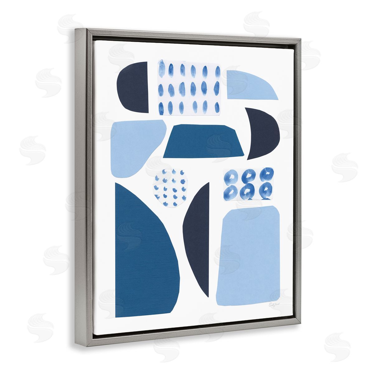 Courtney Prahl Shades of Blue Abstract Shapes Collage Design Gray Floater Frame Canvas Art