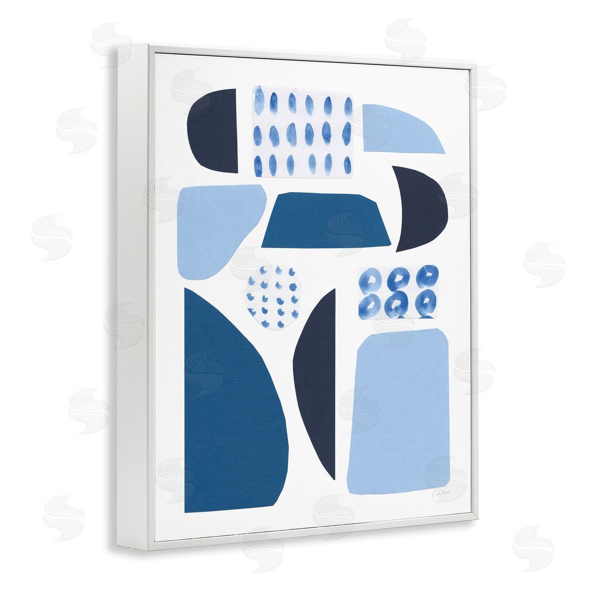 Courtney Prahl Shades of Blue Abstract Shapes Collage Design White Framed Giclee Wall Art