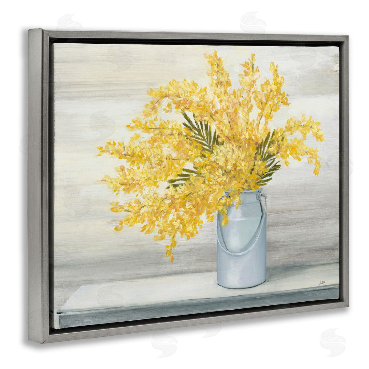 Julia Purinton Golden Fall Floral Bouquet in Country Milk Tin Gray Floater Frame Canvas Art