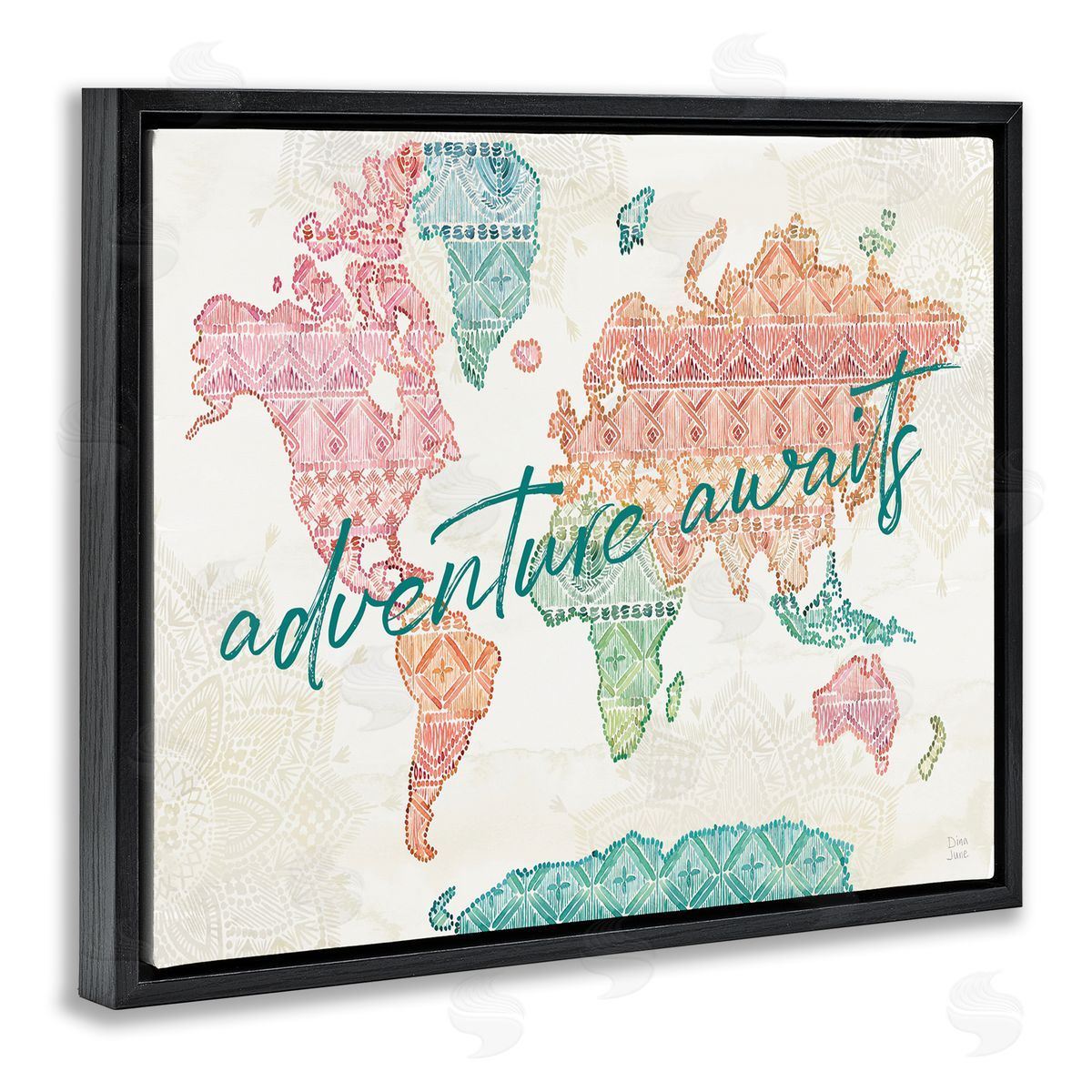 Dina June Adventure Awaits Phrase Macrame Pattern World Map Black Floater Frame Canvas Art