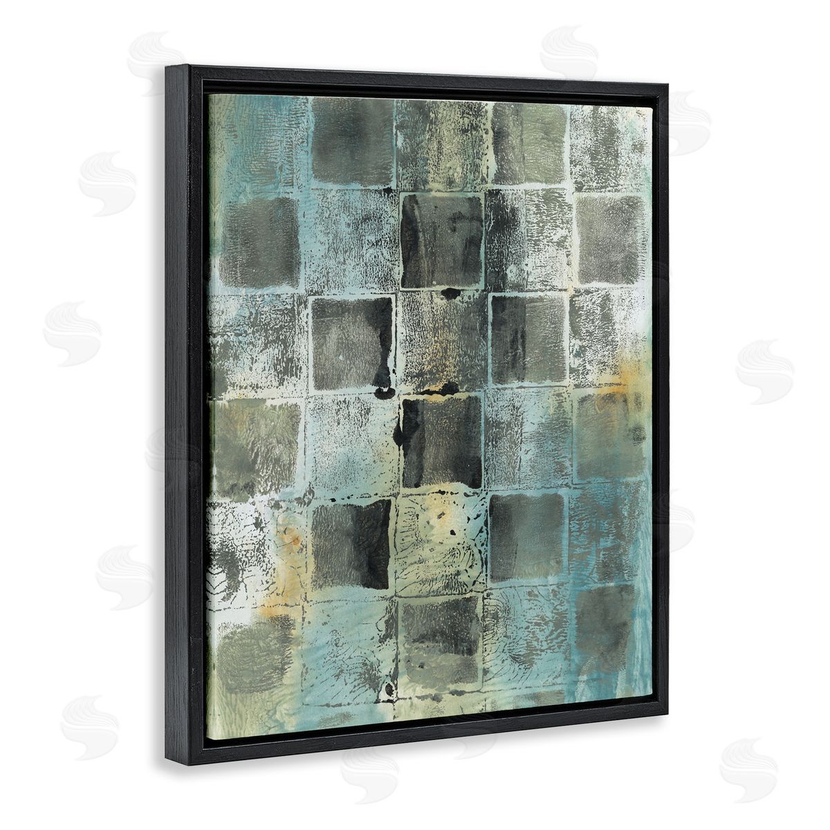 Joyce Combs Checker Block Pattern Abstraction over Blue Green Black Floater Frame Canvas Art