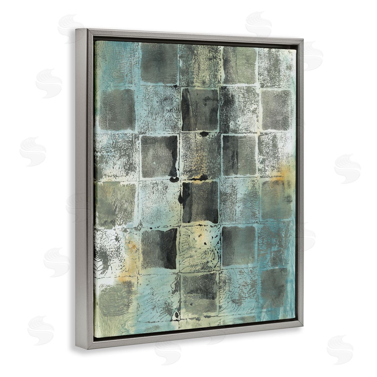 Joyce Combs Checker Block Pattern Abstraction over Blue Green Gray Floater Frame Canvas Art