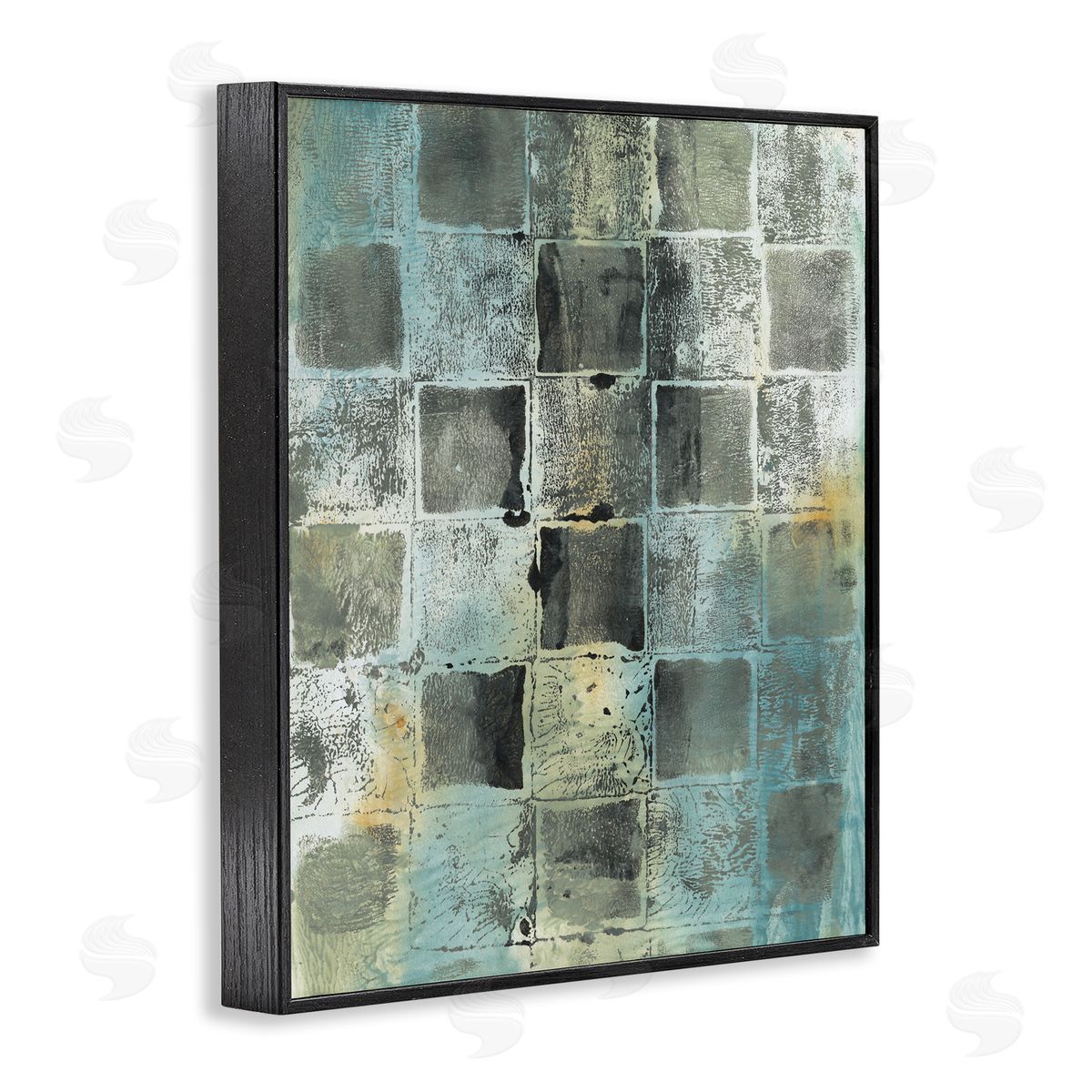 Joyce Combs Checker Block Pattern Abstraction over Blue Green Black Framed Giclee Wall Art
