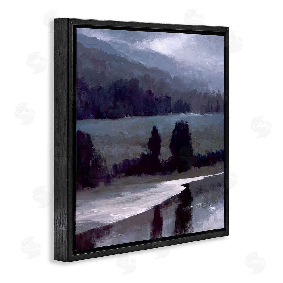 Sheila Finch Stormy Countryside Lake Landscape Dark Blue Green Black Floater Frame Canvas Art
