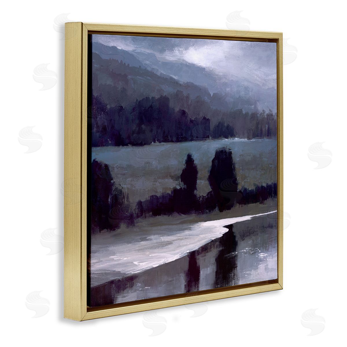 Sheila Finch Stormy Countryside Lake Landscape Dark Blue Green Gold Floater Frame Canvas Art