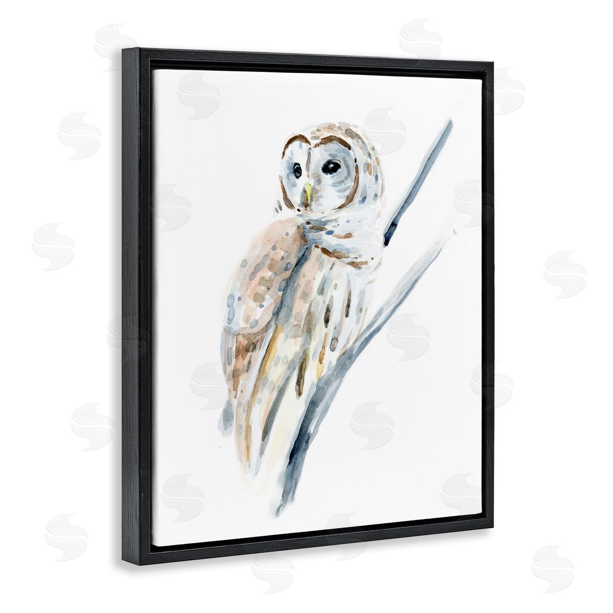 Annie Warren Soft Arctic Owl Perched on Minimal Branch Black Floater Frame Canvas Art