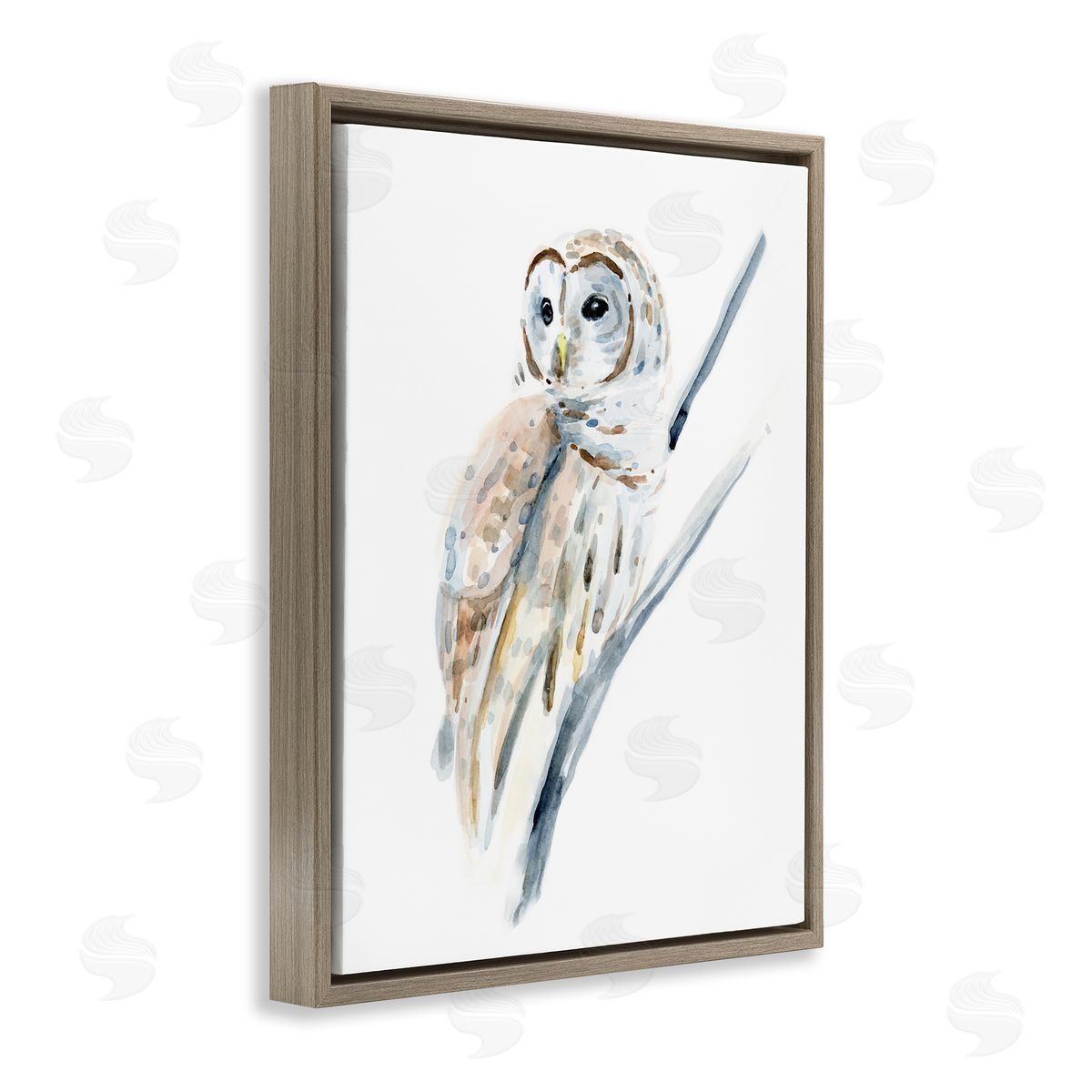 Annie Warren Soft Arctic Owl Perched on Minimal Branch Brown Floater Frame Canvas Art