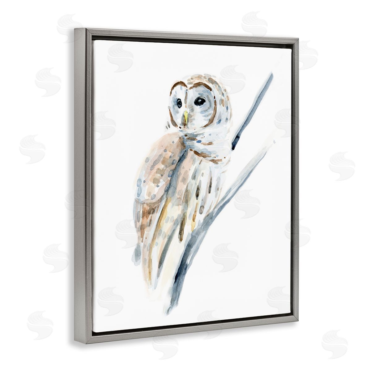 Annie Warren Soft Arctic Owl Perched on Minimal Branch Gray Floater Frame Canvas Art