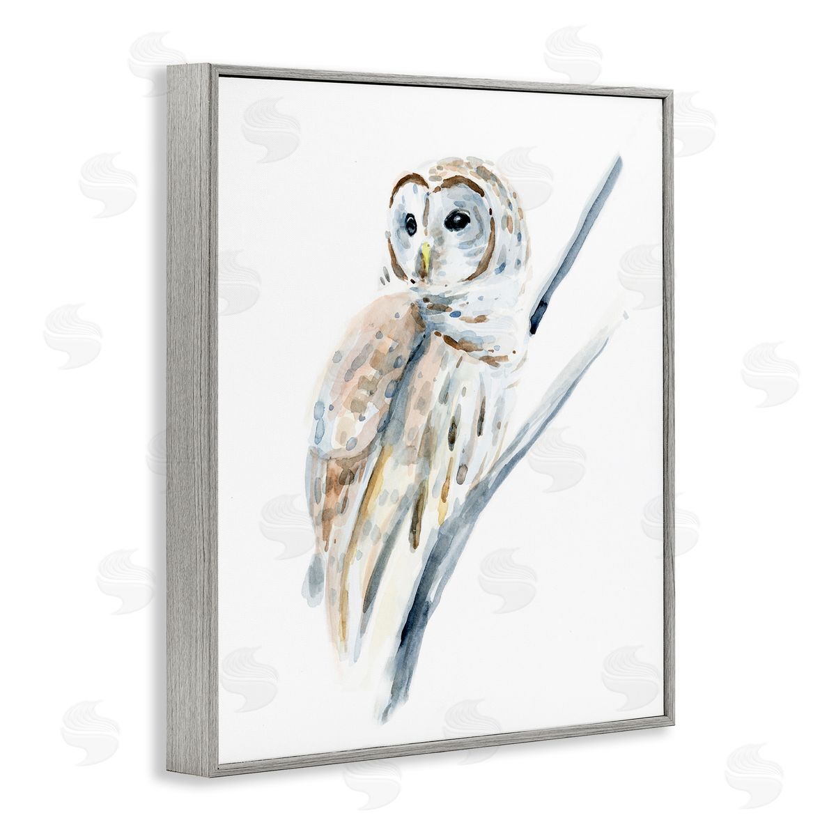 Annie Warren Soft Arctic Owl Perched on Minimal Branch Gray Framed Giclee Wall Art