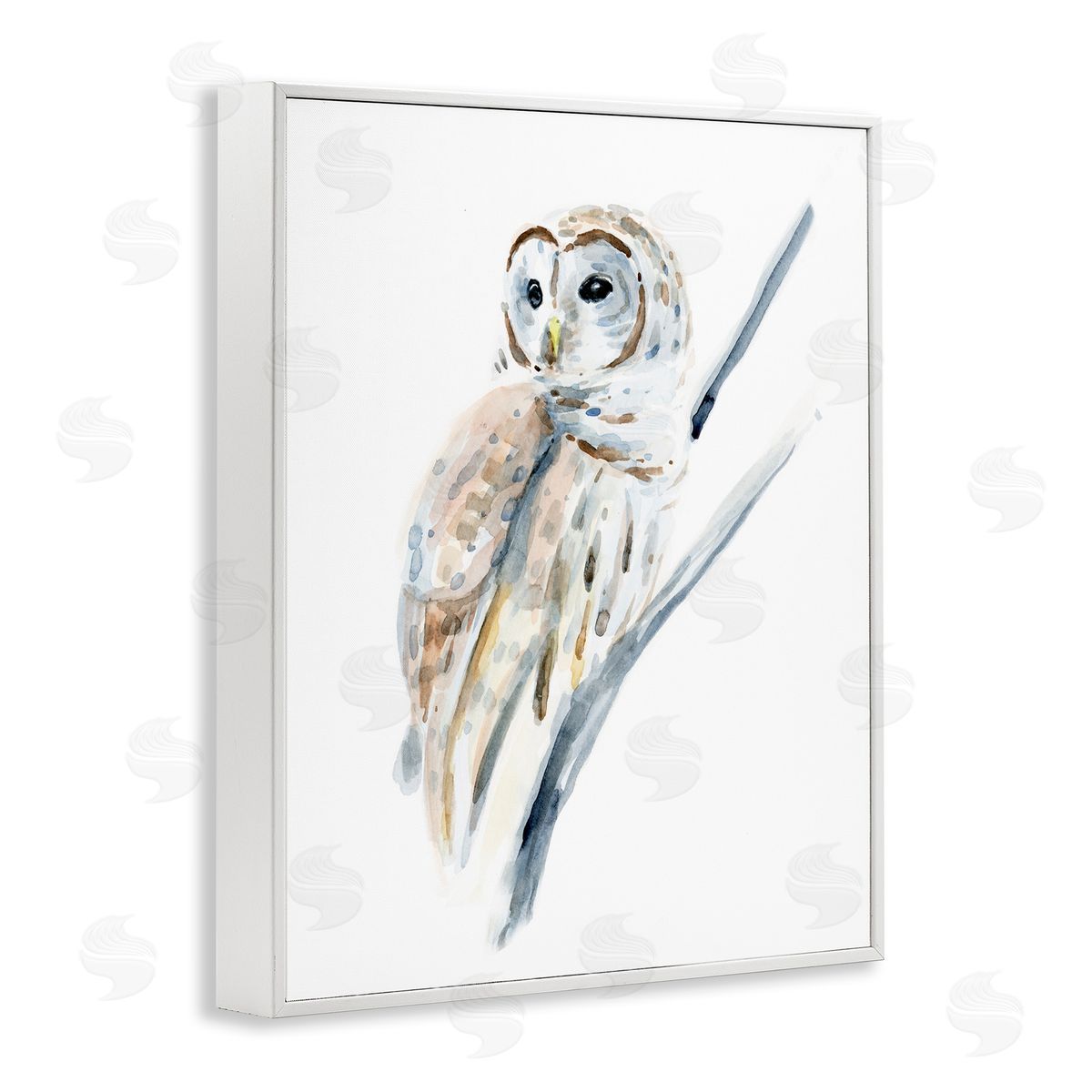Annie Warren Soft Arctic Owl Perched on Minimal Branch White Framed Giclee Wall Art