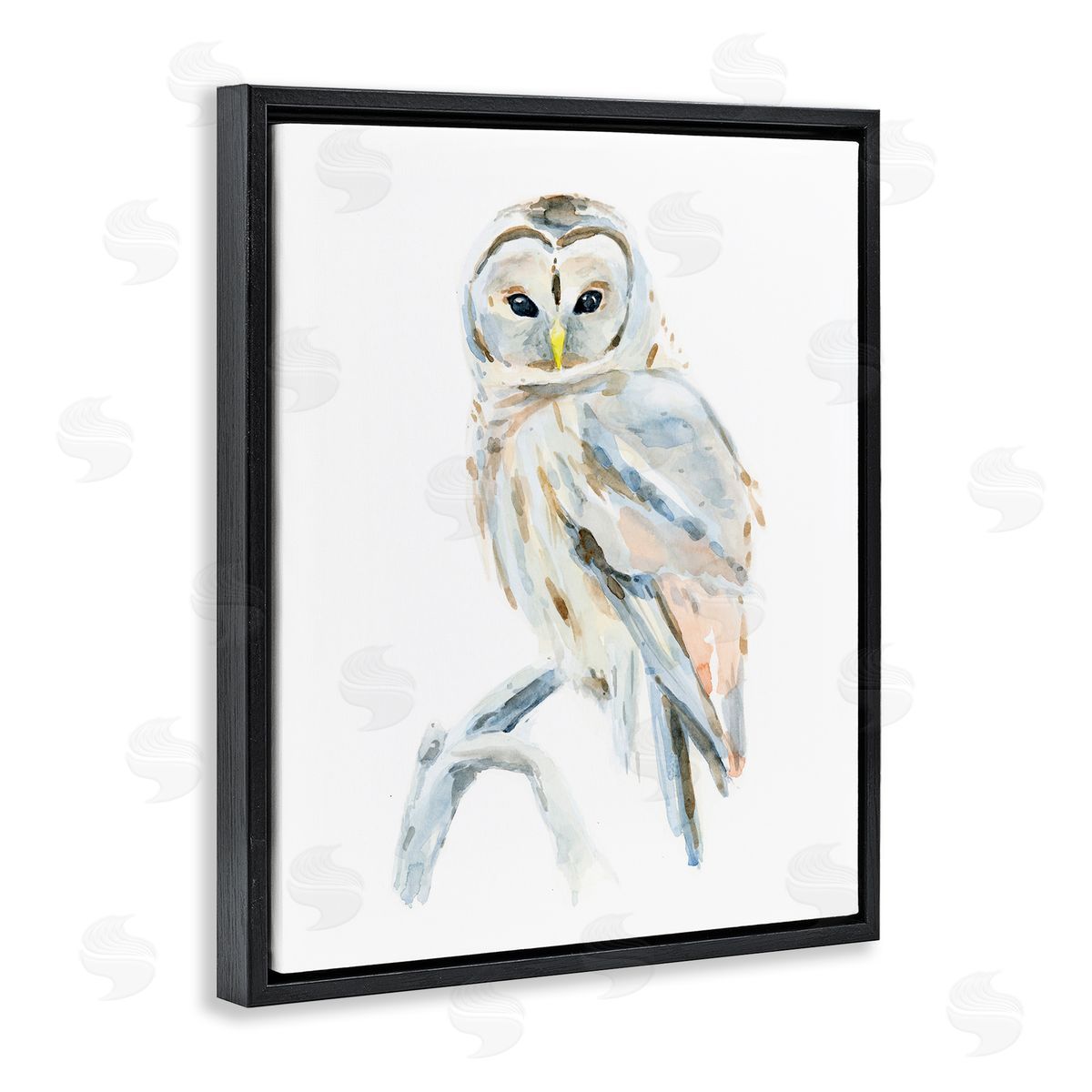 Annie Warren Winter Artic Owl Portrait Perched on Tree Branch Black Floater Frame Canvas Art