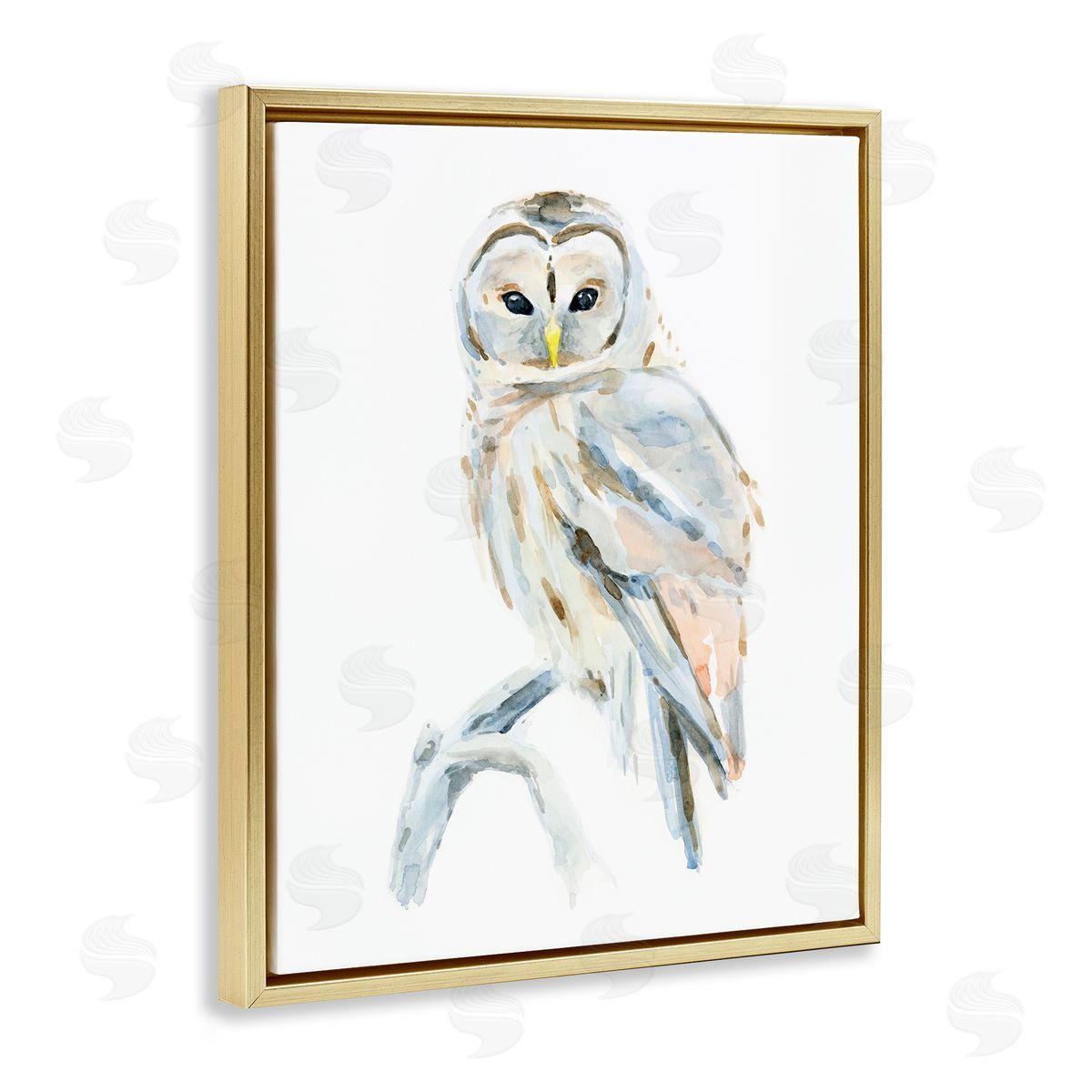 Annie Warren Winter Artic Owl Portrait Perched on Tree Branch Gold Floater Frame Canvas Art