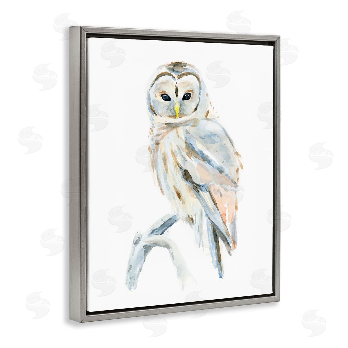 Annie Warren Winter Artic Owl Portrait Perched on Tree Branch Gray Floater Frame Canvas Art