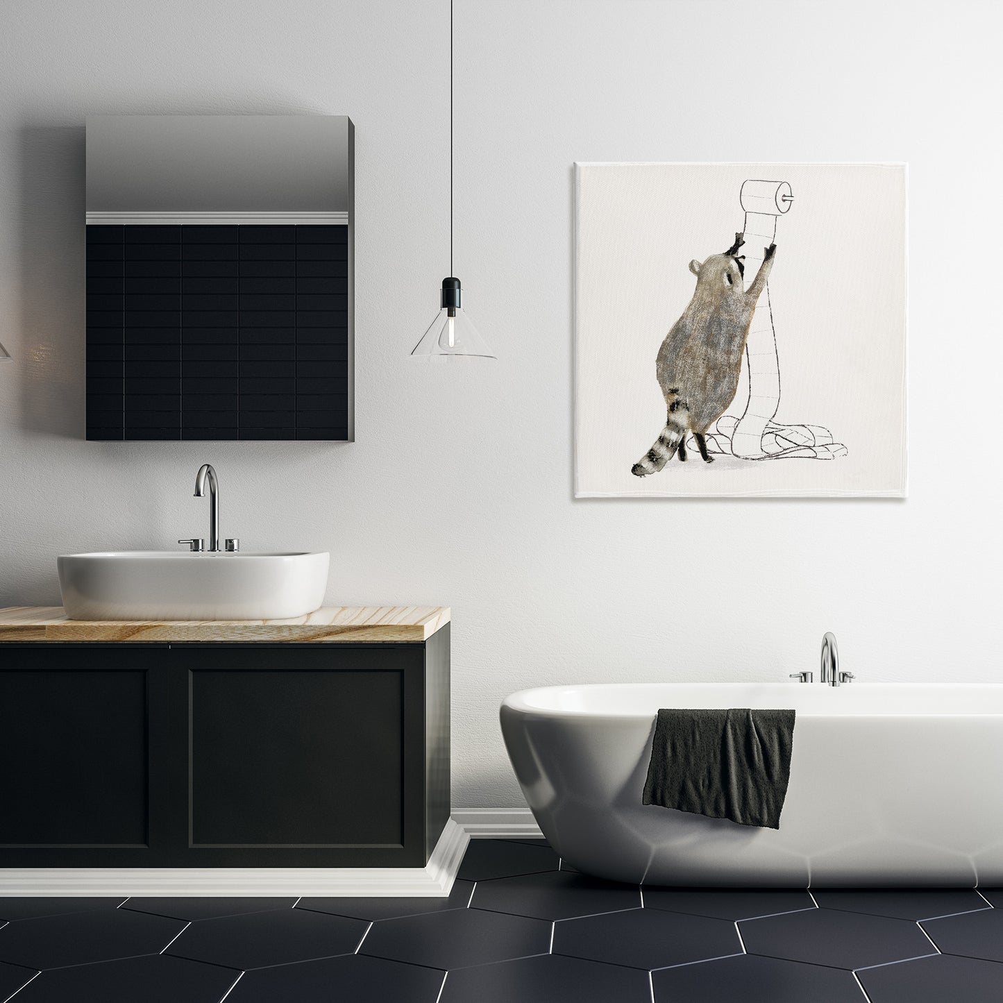 Raccoon Toilet Paper Hoarder Canvas Wall Art in Room, Home Decor by Victoria Barnes