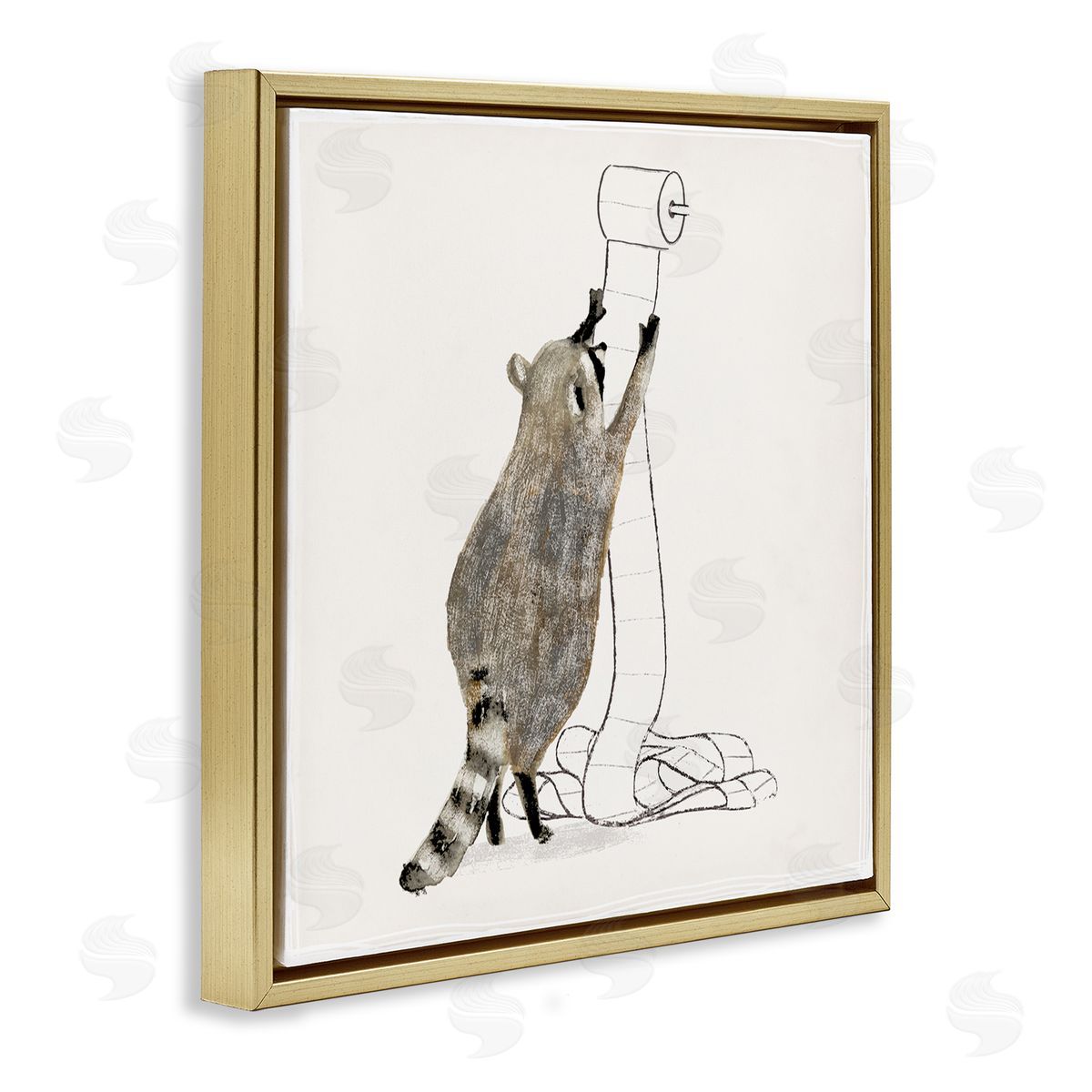 Raccoon Toilet Paper Hoarder Gold Floating Frame Canvas Wall Art, Home Decor by Victoria Barnes