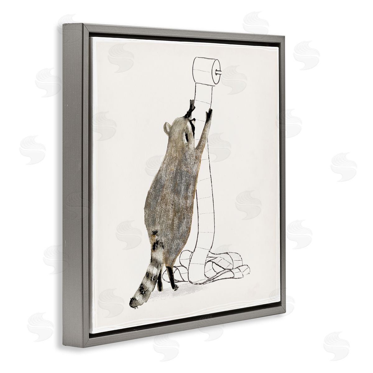 Raccoon Toilet Paper Hoarder Grey Floating Frame Canvas Wall Art, Home Decor by Victoria Barnes