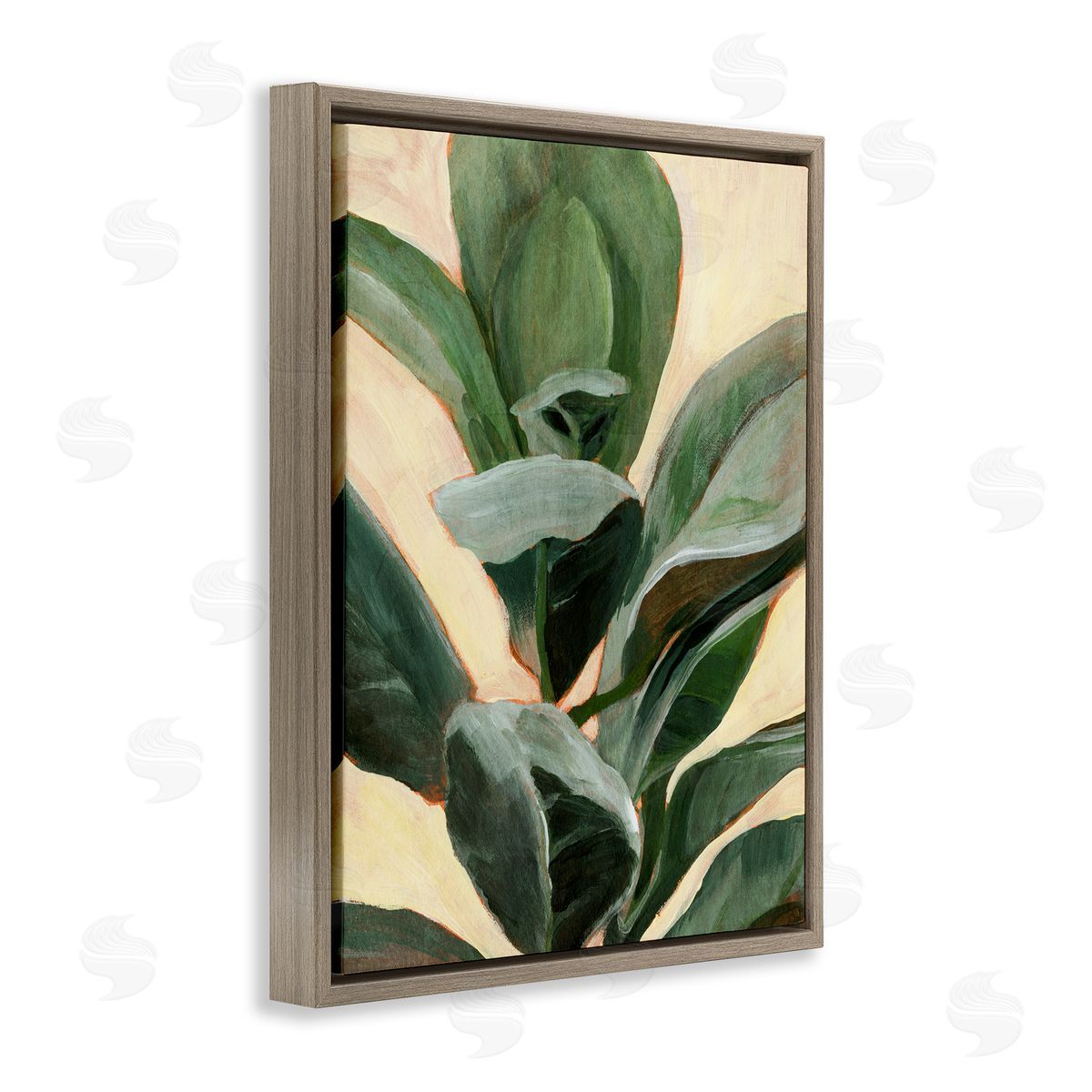 Annie Warren Plant in Pot Study Curved Green Branches Brown Floater Frame Canvas Art