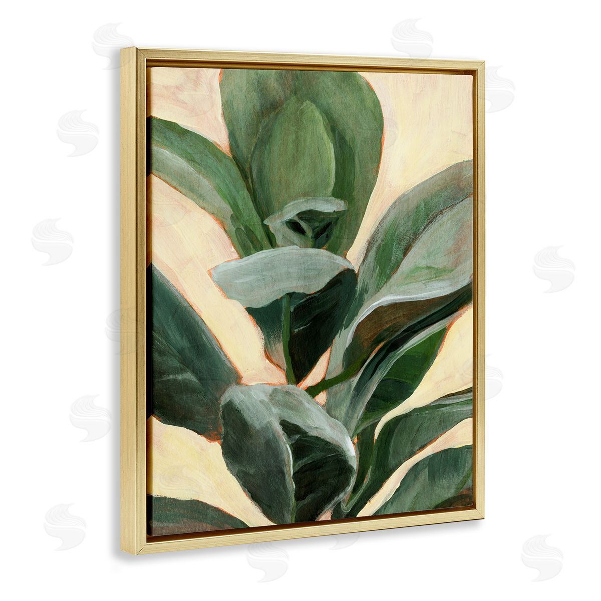 Annie Warren Plant in Pot Study Curved Green Branches Gold Floater Frame Canvas Art