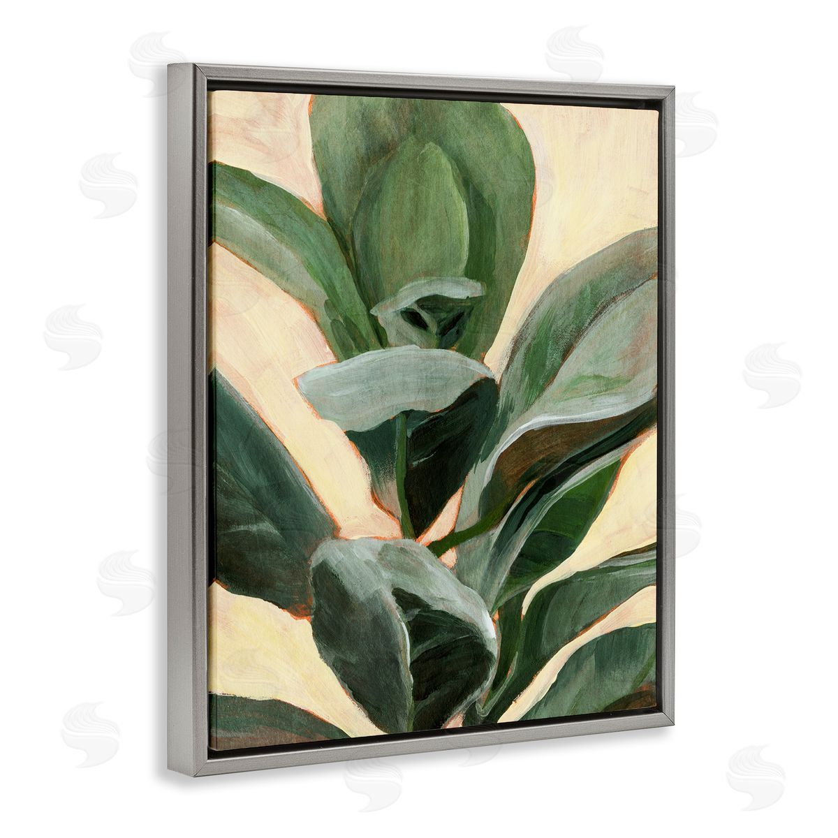 Annie Warren Plant in Pot Study Curved Green Branches Gray Floater Frame Canvas Art