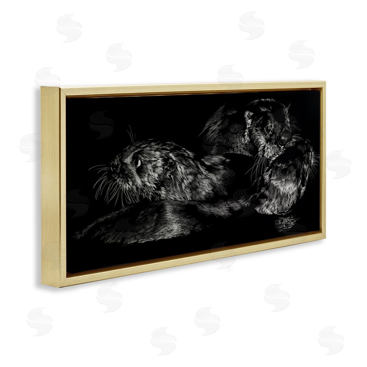 Julie T. Chapman Otter Pair Minimal Photograph Black and White Gold Floater Frame Canvas Art