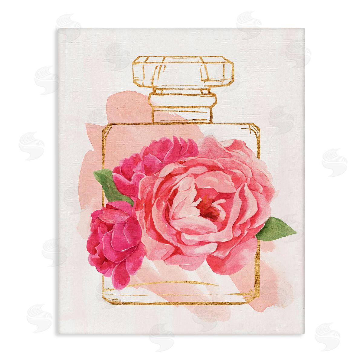 Annie Warren Golden Perfume Bottle Glam Pink Floral Bloom  Canvas Wall Art
