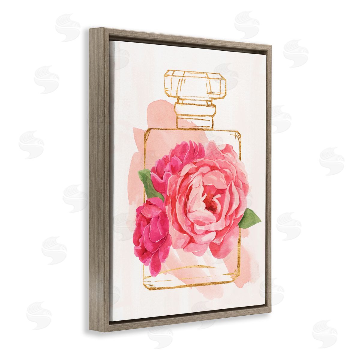 Annie Warren Golden Perfume Bottle Glam Pink Floral Bloom  Brown Floater Frame Canvas Art