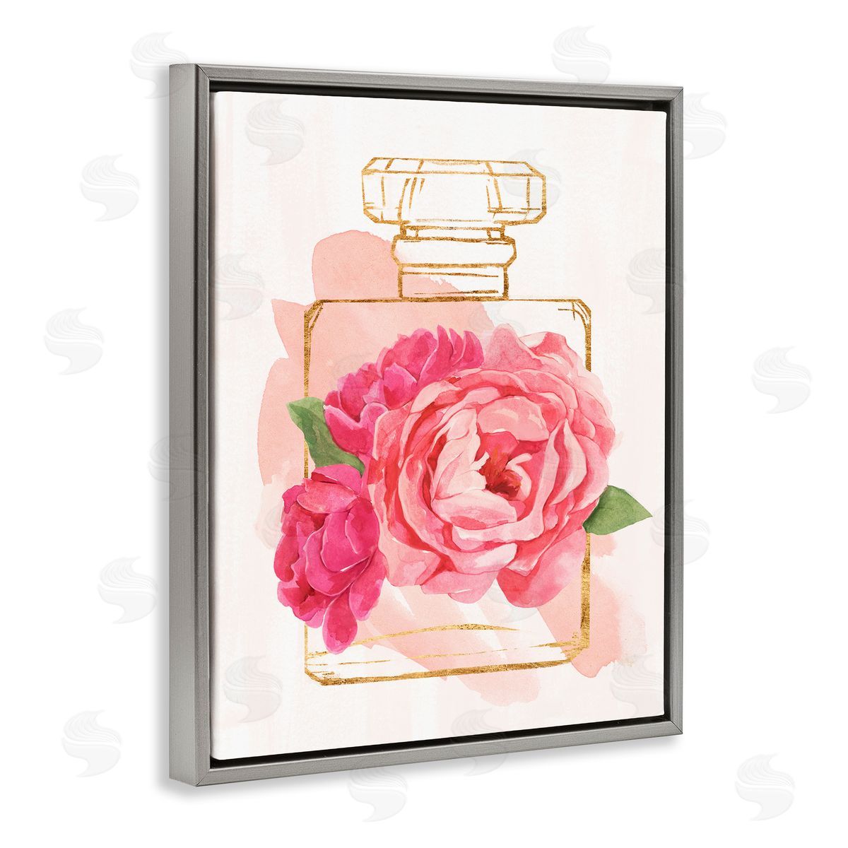 Annie Warren Golden Perfume Bottle Glam Pink Floral Bloom  Gray Floater Frame Canvas Art