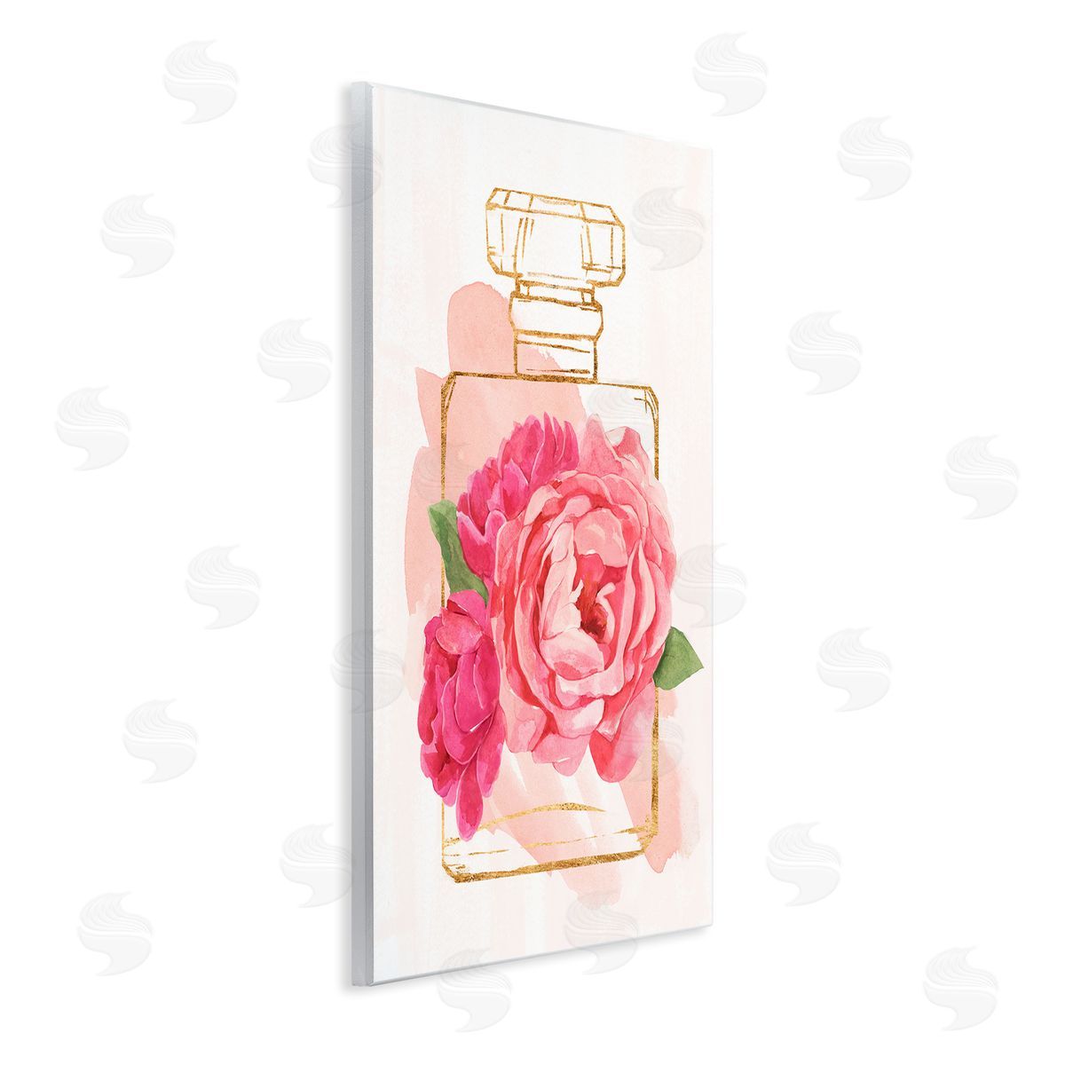 Annie Warren Golden Perfume Bottle Glam Pink Floral Bloom  Wall Plaque Art