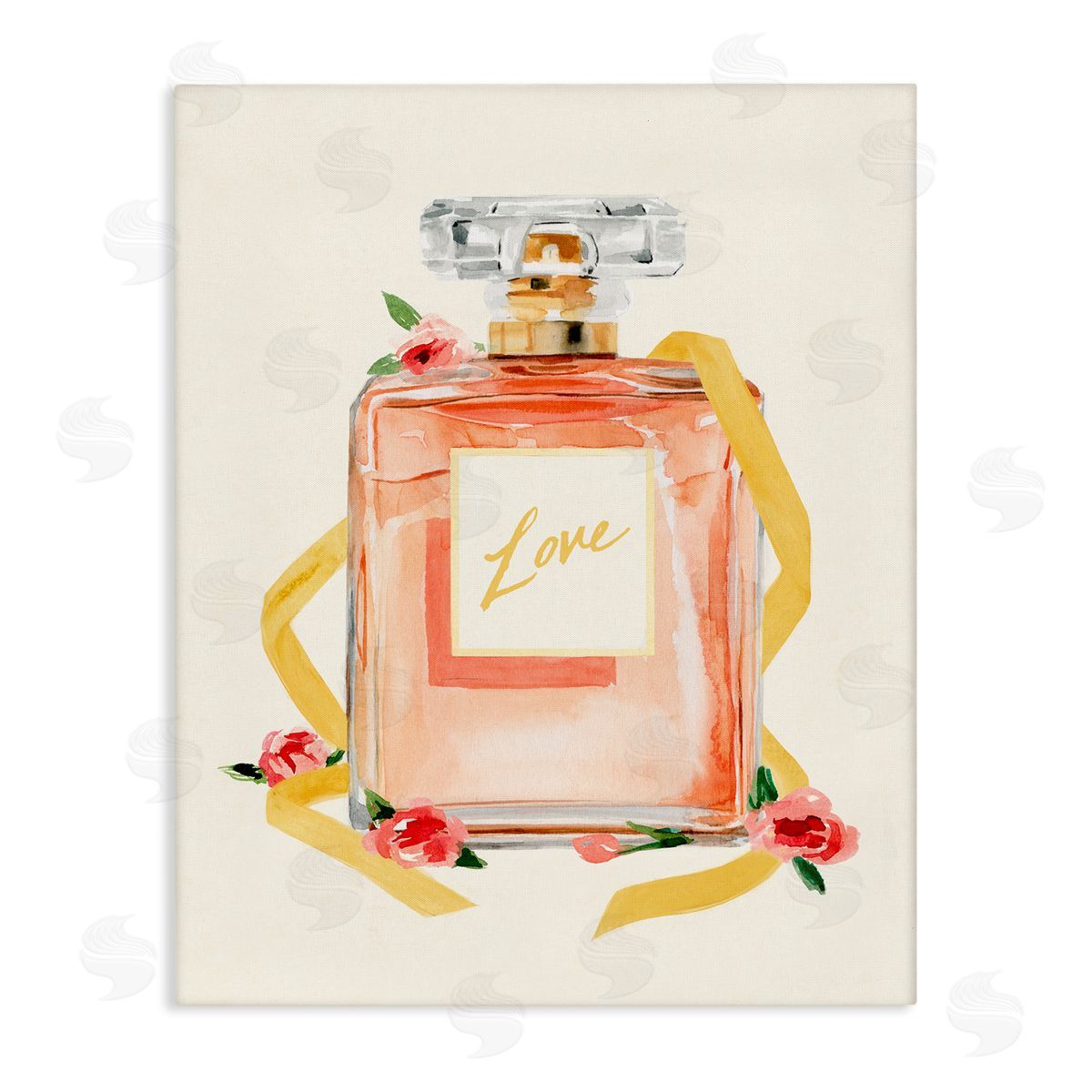 Annie Warren Love Text over Pink Floral Perfume Bottle Canvas Wall Art
