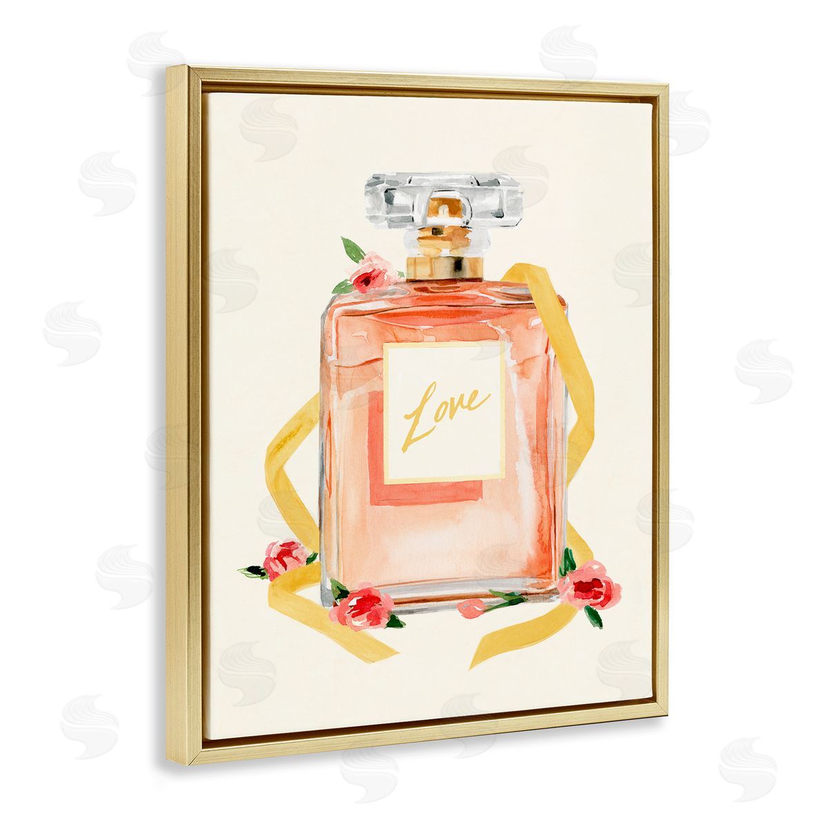 Annie Warren Love Text over Pink Floral Perfume Bottle Gold Floater Frame Canvas Art