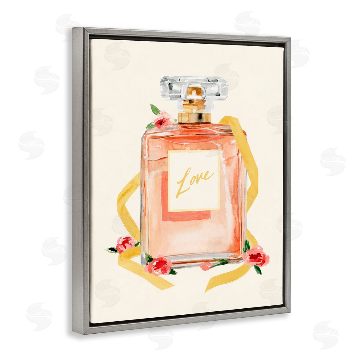 Annie Warren Love Text over Pink Floral Perfume Bottle Gray Floater Frame Canvas Art