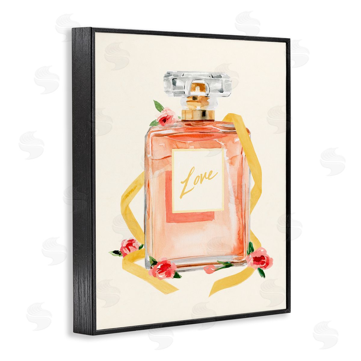 Annie Warren Love Text over Pink Floral Perfume Bottle Black Framed Giclee Wall Art