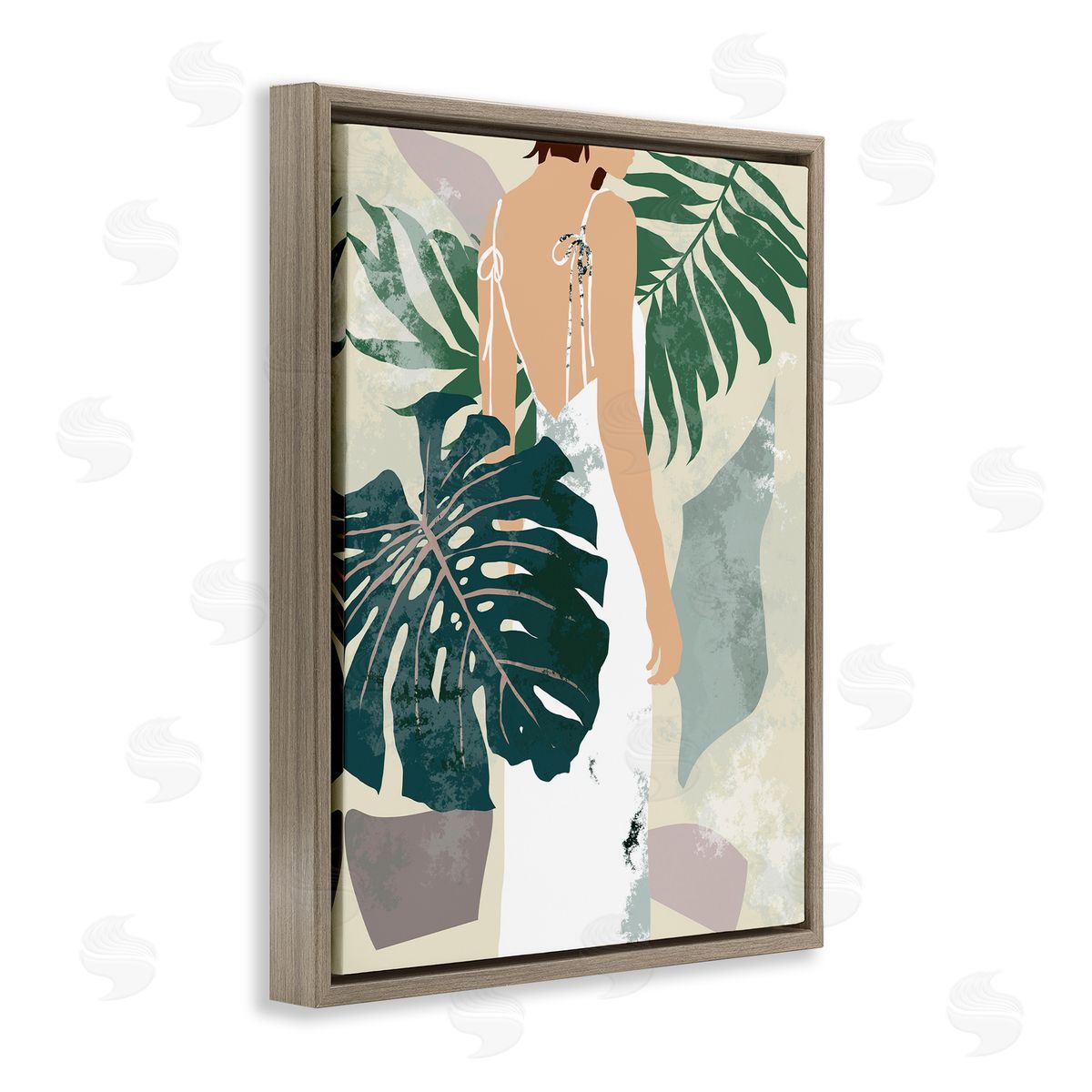 Melissa Wang Woman Between Shaded Palms Tropical Plants Brown Floater Frame Canvas Art