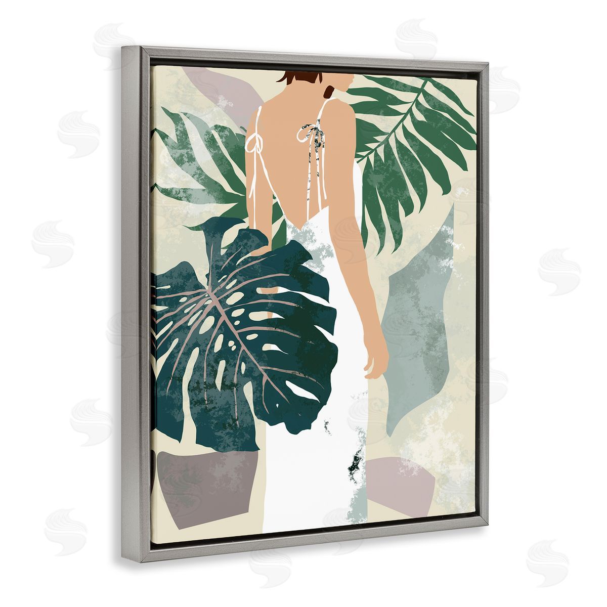 Melissa Wang Woman Between Shaded Palms Tropical Plants Gray Floater Frame Canvas Art